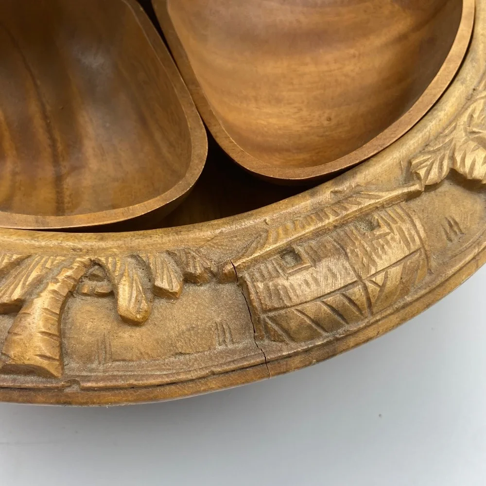 Vintage Hand Carved‎ Monkey Pod Wood 2 Tier Lazy Susan Philippines Tropical Tiki
